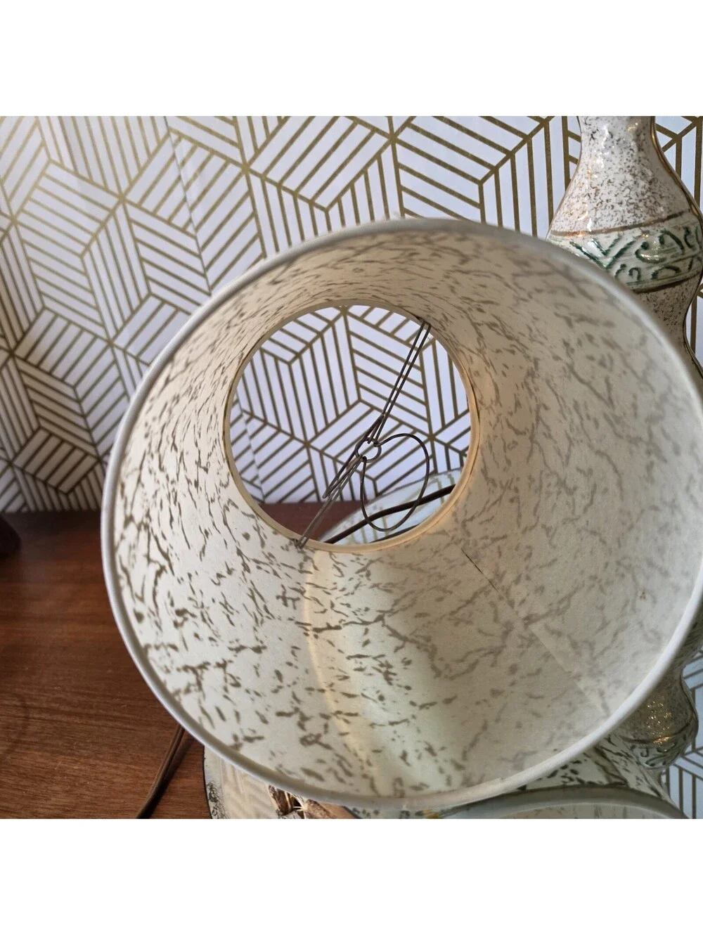 Vintage Midcentury White Green Gold Ceramic Accent Lamp Atomic Fiberglass Shade